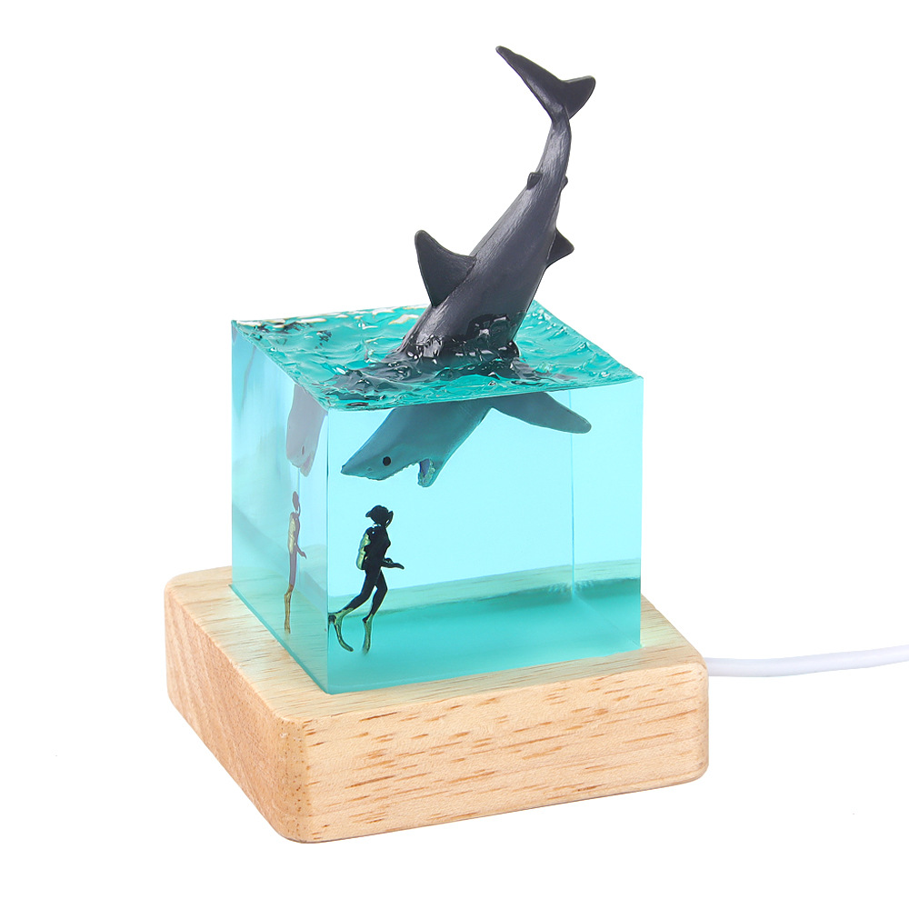 Custom Clear Resin Block Paperweight Light Blue Ocean Themed Gfits Whale Cube LED Lighting Gifts 